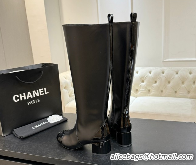 Top Design Chanel Calfskin & Patent Leather Heel High Boots 4.5cm Black G46789 1104005