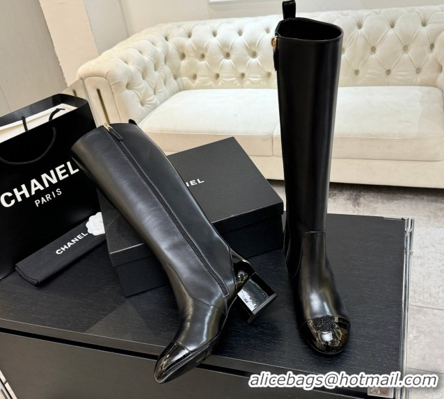 Top Design Chanel Calfskin & Patent Leather Heel High Boots 4.5cm Black G46789 1104005
