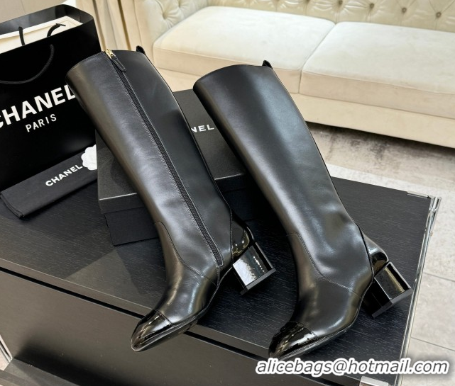 Top Design Chanel Calfskin & Patent Leather Heel High Boots 4.5cm Black G46789 1104005