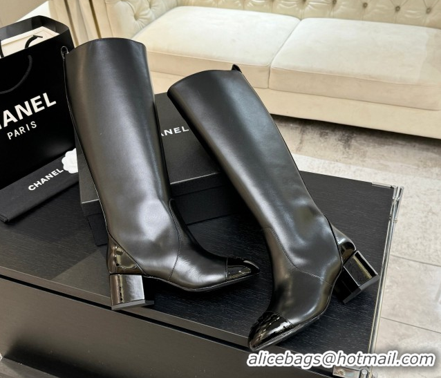Top Design Chanel Calfskin & Patent Leather Heel High Boots 4.5cm Black G46789 1104005
