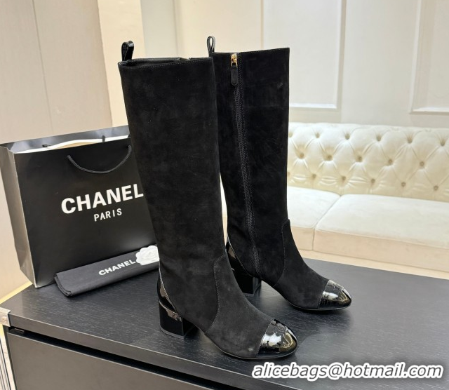 Luxury Chanel Suede & Patent Calfskin Heel High Boots 4.5cm Black 2025 G46789 1104006