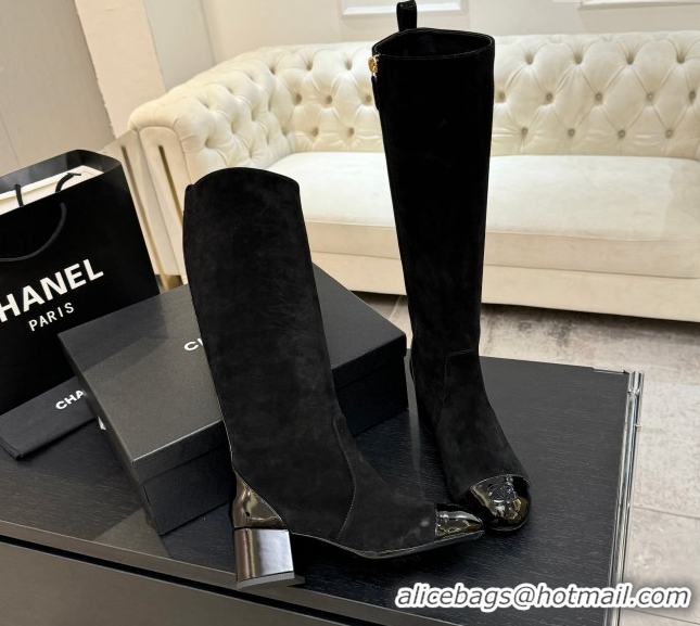 Luxury Chanel Suede & Patent Calfskin Heel High Boots 4.5cm Black 2025 G46789 1104006