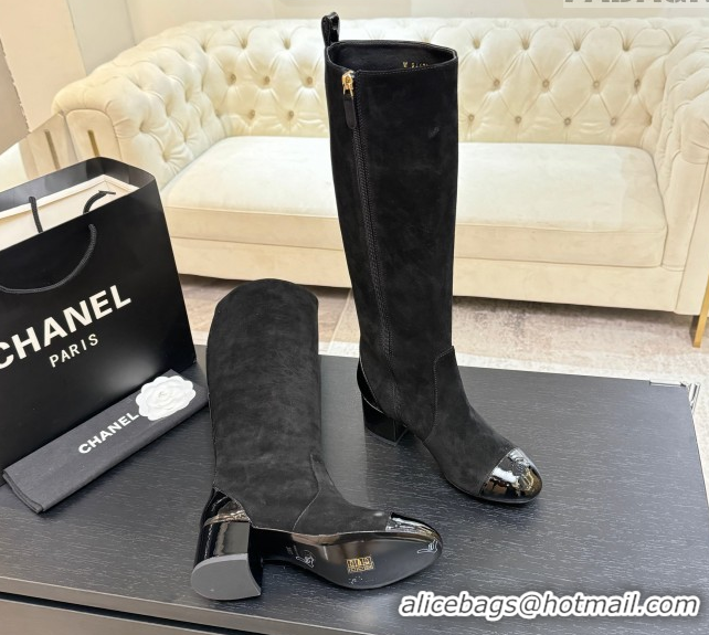 Luxury Chanel Suede & Patent Calfskin Heel High Boots 4.5cm Black 2025 G46789 1104006
