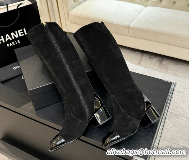 Luxury Chanel Suede & Patent Calfskin Heel High Boots 4.5cm Black 2025 G46789 1104006