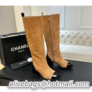 Low Cost Chanel Suede & Patent Calfskin Heel High Boots 4.5cm Yellow 2025 G46789 1104007