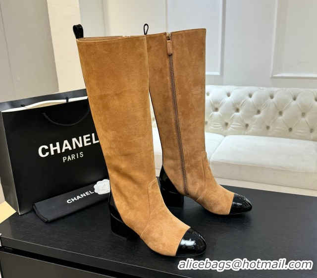 Low Cost Chanel Suede & Patent Calfskin Heel High Boots 4.5cm Yellow 2025 G46789 1104007
