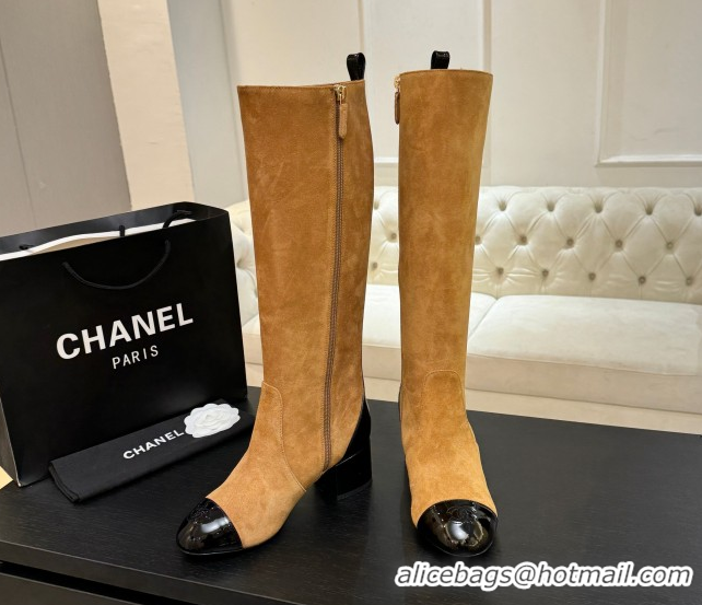 Low Cost Chanel Suede & Patent Calfskin Heel High Boots 4.5cm Yellow 2025 G46789 1104007