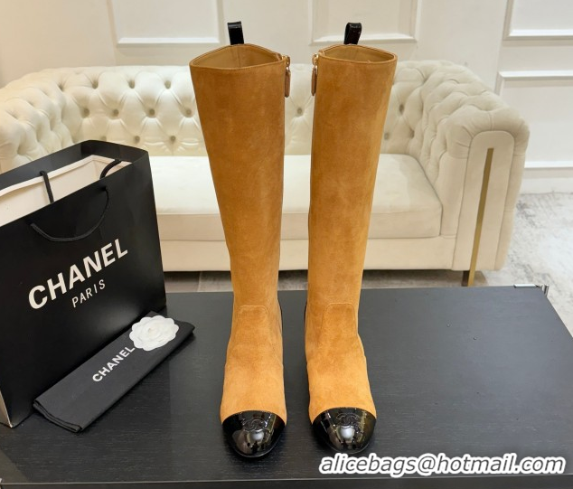 Low Cost Chanel Suede & Patent Calfskin Heel High Boots 4.5cm Yellow 2025 G46789 1104007