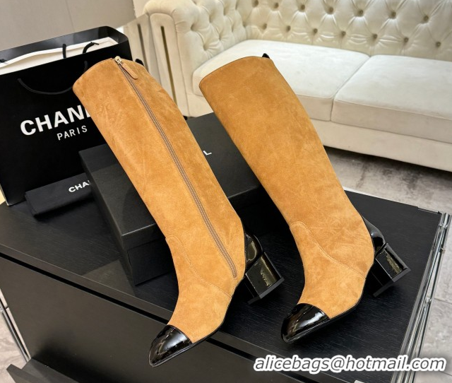 Low Cost Chanel Suede & Patent Calfskin Heel High Boots 4.5cm Yellow 2025 G46789 1104007