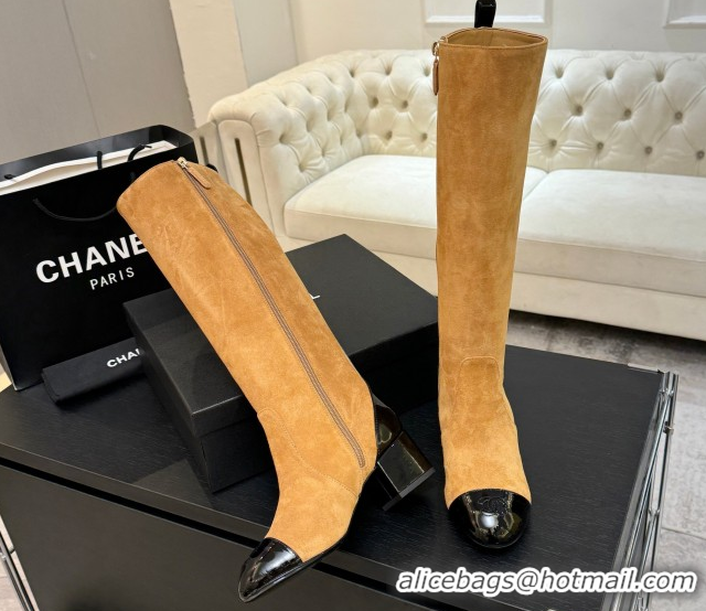 Low Cost Chanel Suede & Patent Calfskin Heel High Boots 4.5cm Yellow 2025 G46789 1104007