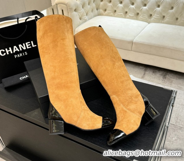 Low Cost Chanel Suede & Patent Calfskin Heel High Boots 4.5cm Yellow 2025 G46789 1104007