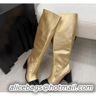Luxurious Chanel Calfskin & Patent Leather Heel High Boots 5cm Gold 2025 G46789 1104008