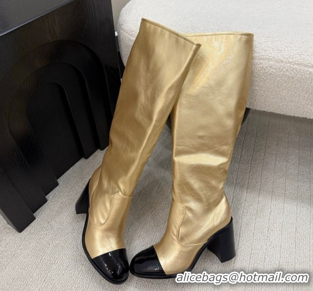 Luxurious Chanel Calfskin & Patent Leather Heel High Boots 5cm Gold 2025 G46789 1104008