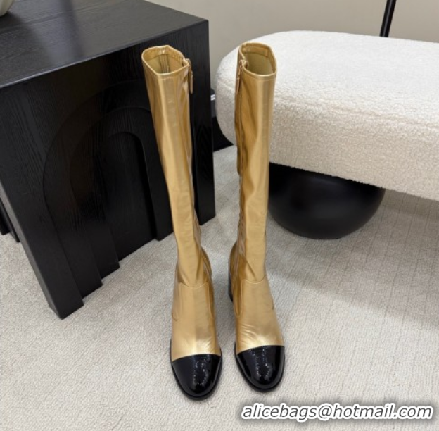 Luxurious Chanel Calfskin & Patent Leather Heel High Boots 5cm Gold 2025 G46789 1104008