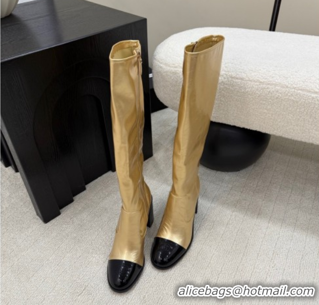Luxurious Chanel Calfskin & Patent Leather Heel High Boots 5cm Gold 2025 G46789 1104008