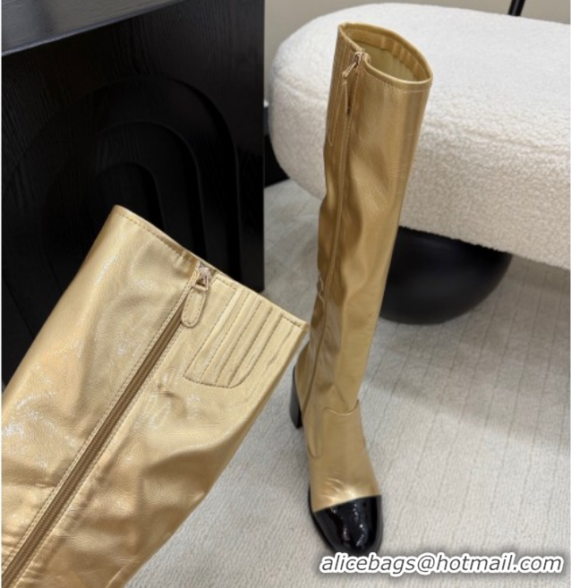 Luxurious Chanel Calfskin & Patent Leather Heel High Boots 5cm Gold 2025 G46789 1104008