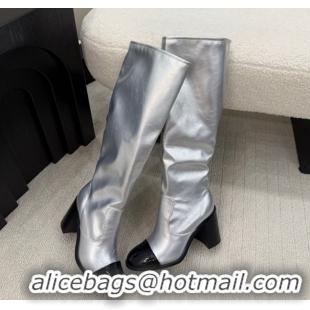 Good Product Chanel Calfskin & Patent Leather Heel High Boots 5cm Silver 2025 G46789 1104009