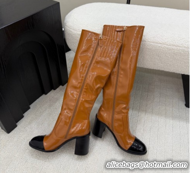Top Grade Chanel Patent Calfskin Leather Heel High Boots 5cm Brown 2025 G46789 1104011