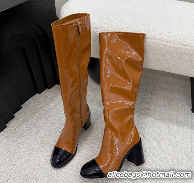 Top Grade Chanel Patent Calfskin Leather Heel High Boots 5cm Brown 2025 G46789 1104011