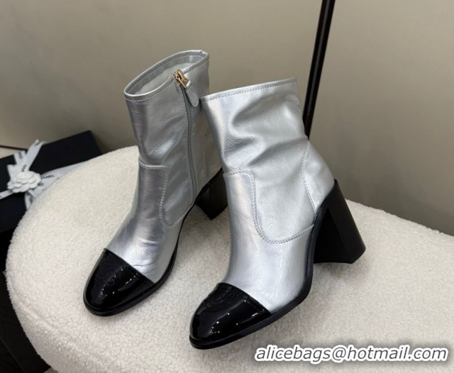 Luxurious Chanel Calfskin & Patent Leather Heel Ankle Boots 5cm Silver 2025 G46789 1104012