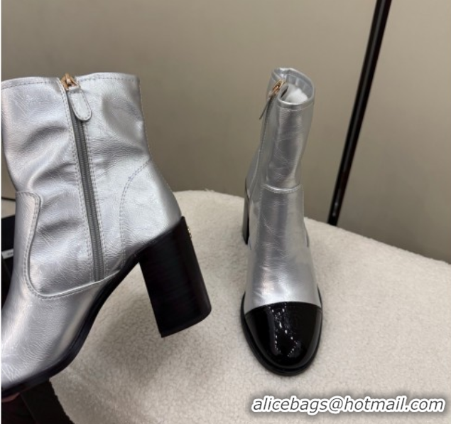 Luxurious Chanel Calfskin & Patent Leather Heel Ankle Boots 5cm Silver 2025 G46789 1104012