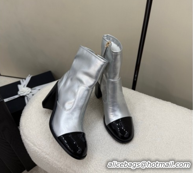 Luxurious Chanel Calfskin & Patent Leather Heel Ankle Boots 5cm Silver 2025 G46789 1104012