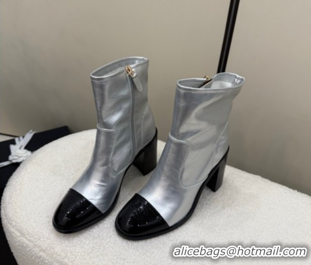 Luxurious Chanel Calfskin & Patent Leather Heel Ankle Boots 5cm Silver 2025 G46789 1104012