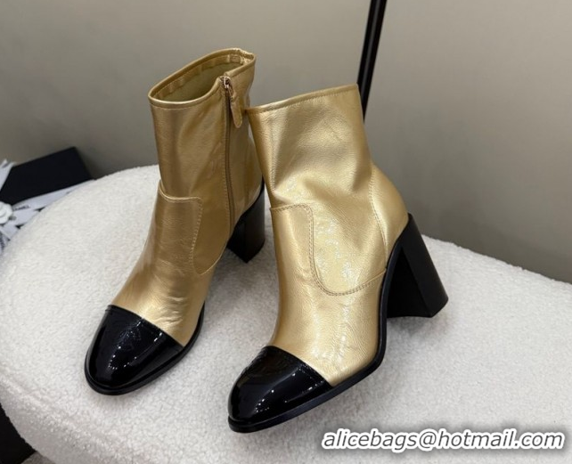 Good Looking Chanel Calfskin & Patent Leather Heel Ankle Boots 5cm Gold 2025 G46789 1104014