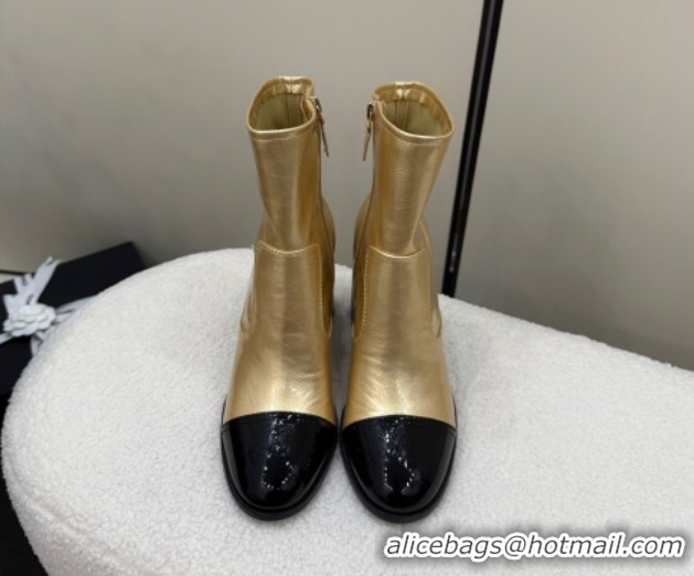 Good Looking Chanel Calfskin & Patent Leather Heel Ankle Boots 5cm Gold 2025 G46789 1104014