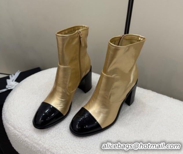 Good Looking Chanel Calfskin & Patent Leather Heel Ankle Boots 5cm Gold 2025 G46789 1104014