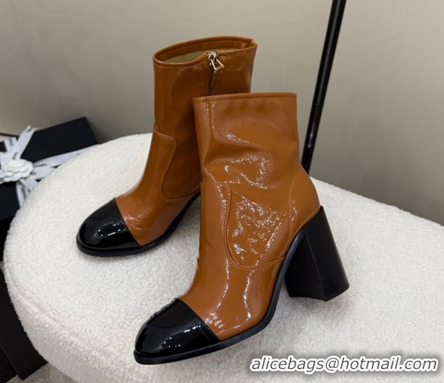 Best Product Chanel Patent Calfskin Leather Heel Ankle Boots 5cm Brown 2025 G46789 1104015