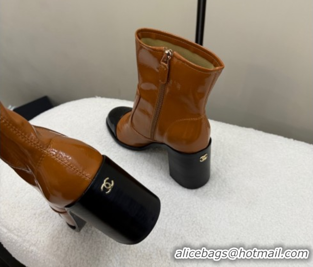 Best Product Chanel Patent Calfskin Leather Heel Ankle Boots 5cm Brown 2025 G46789 1104015