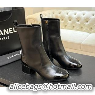 Unique Style Chanel Calfskin & Patent Leather Heel Ankle Boots 4.5cm Black 2025 G46789 1104016