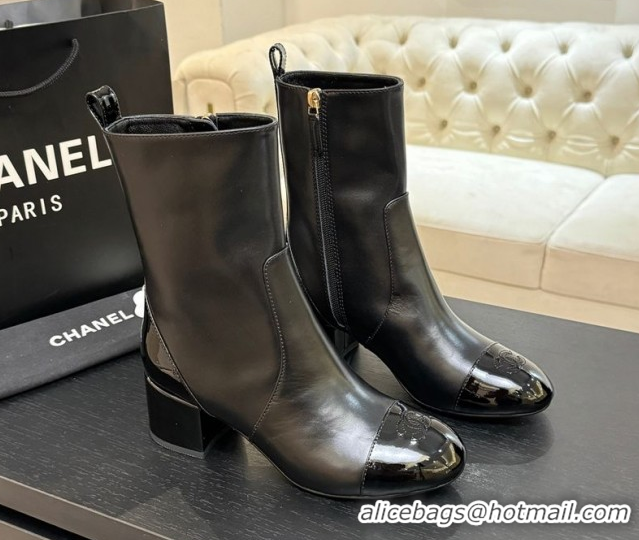 Unique Style Chanel Calfskin & Patent Leather Heel Ankle Boots 4.5cm Black 2025 G46789 1104016