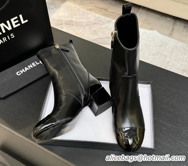 Unique Style Chanel Calfskin & Patent Leather Heel Ankle Boots 4.5cm Black 2025 G46789 1104016