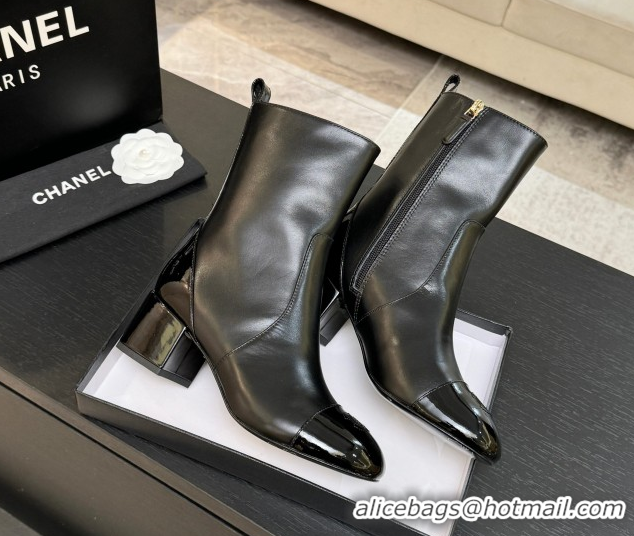 Unique Style Chanel Calfskin & Patent Leather Heel Ankle Boots 4.5cm Black 2025 G46789 1104016