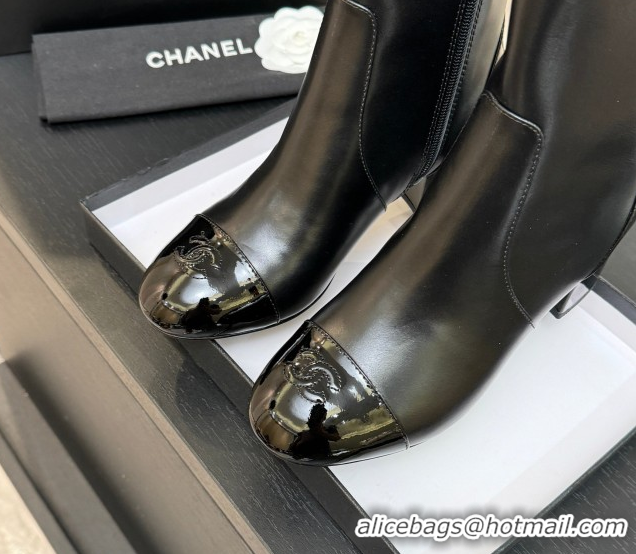 Unique Style Chanel Calfskin & Patent Leather Heel Ankle Boots 4.5cm Black 2025 G46789 1104016