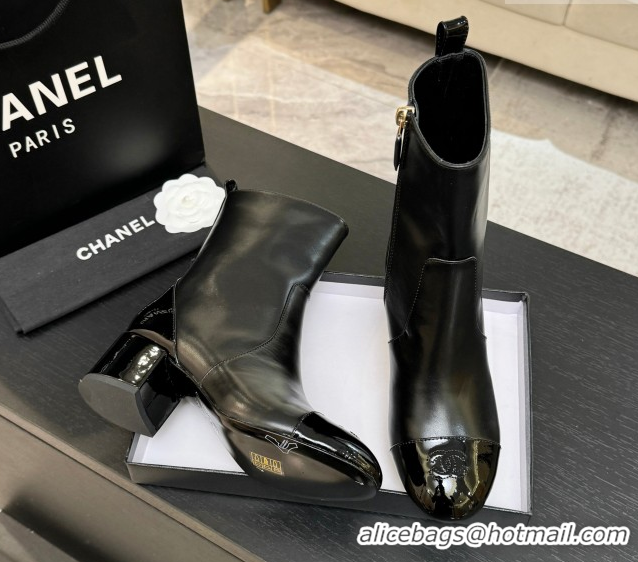 Unique Style Chanel Calfskin & Patent Leather Heel Ankle Boots 4.5cm Black 2025 G46789 1104016