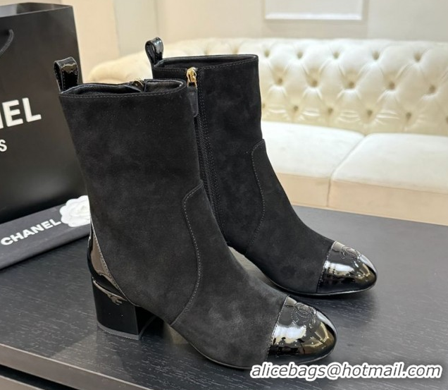 Best Grade Chanel Suede & Patent Leather Heel Ankle Boots 4.5cm Black 2025 G46789 1104017