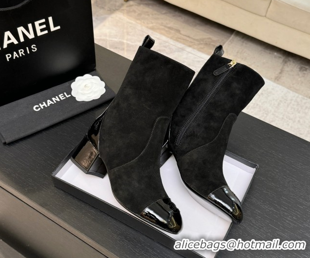 Best Grade Chanel Suede & Patent Leather Heel Ankle Boots 4.5cm Black 2025 G46789 1104017