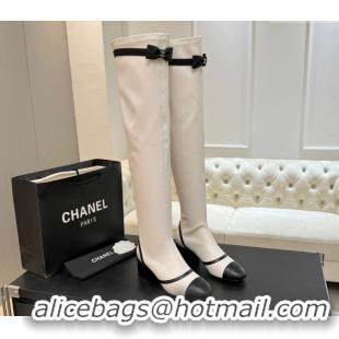 Durable Chanel Stretch Lambskin Thigh High Boots 5cm with Bow White 2025 G46757 1104019