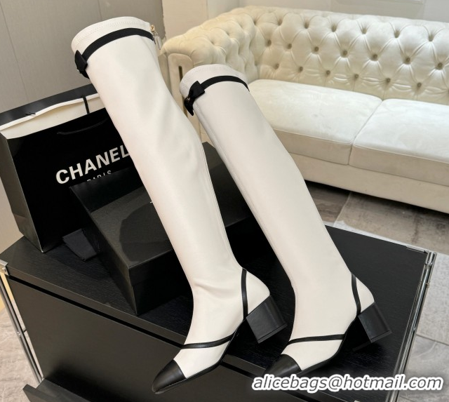Durable Chanel Stretch Lambskin Thigh High Boots 5cm with Bow White 2025 G46757 1104019