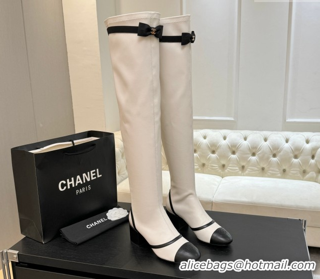 Durable Chanel Stretch Lambskin Thigh High Boots 5cm with Bow White 2025 G46757 1104019