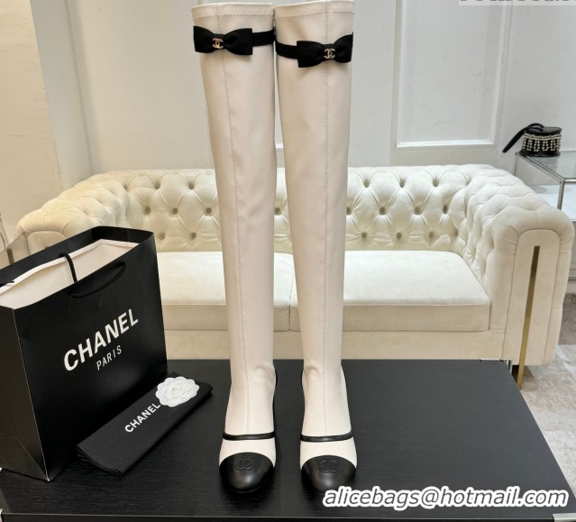 Durable Chanel Stretch Lambskin Thigh High Boots 5cm with Bow White 2025 G46757 1104019