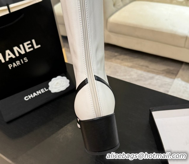 Durable Chanel Stretch Lambskin Thigh High Boots 5cm with Bow White 2025 G46757 1104019