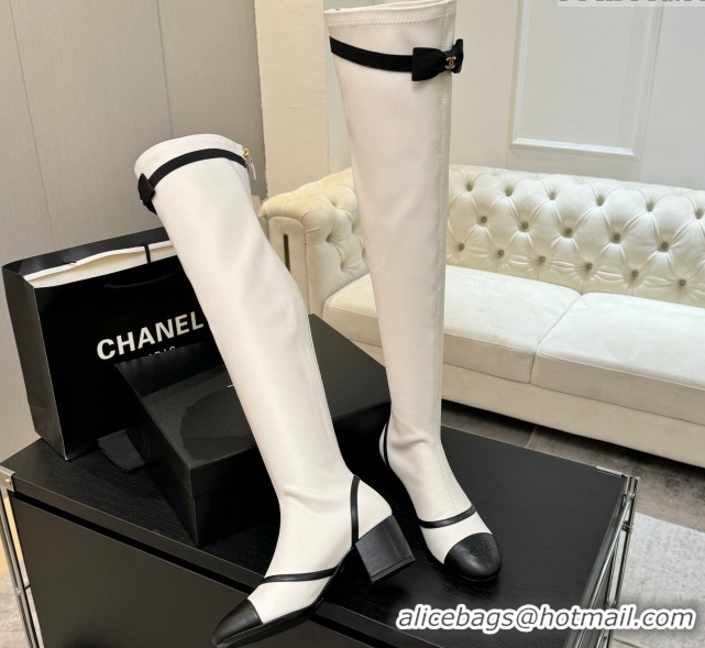Durable Chanel Stretch Lambskin Thigh High Boots 5cm with Bow White 2025 G46757 1104019