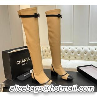 Shop Duplicate Chanel Stretch Lambskin Thigh High Boots 5cm with Bow Beige 2025 G46757 1104020