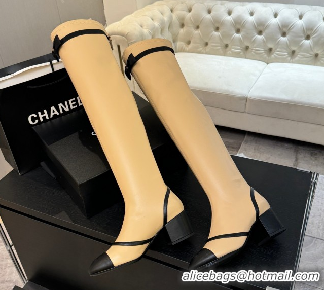 Shop Duplicate Chanel Stretch Lambskin Thigh High Boots 5cm with Bow Beige 2025 G46757 1104020
