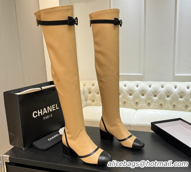 Shop Duplicate Chanel Stretch Lambskin Thigh High Boots 5cm with Bow Beige 2025 G46757 1104020