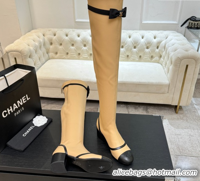 Shop Duplicate Chanel Stretch Lambskin Thigh High Boots 5cm with Bow Beige 2025 G46757 1104020